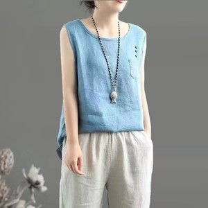 Women's Sleeveless Linen Cotton Vest Solid Color Round Neck Pocket Breathable Tank Top Spring Summer Wear - Product Image 1