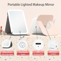 Miroir de maquillage pliable en cuir PU avec finition argentée, réglable en angle, à LED avec 3 couleurs de lumière et gradation progressive rechargeable