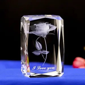 도매 로즈 꽃 기념품 3d 레이저 크리스탈 웨딩 선물