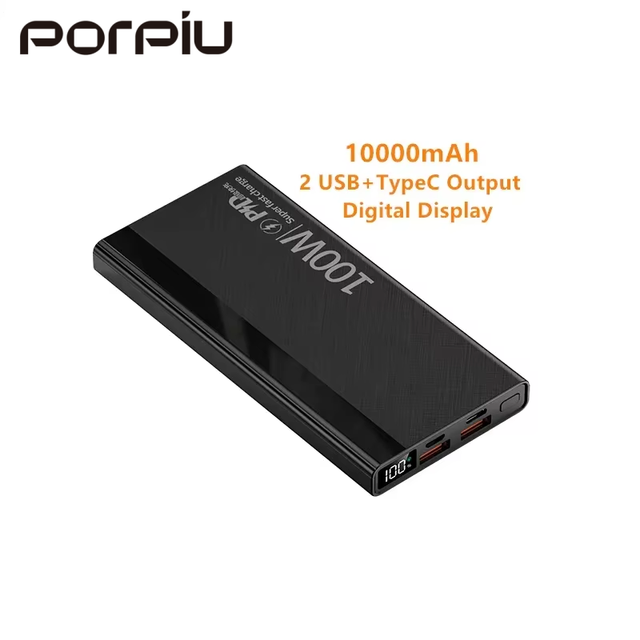 PORPIU 10000 Mah Power Bank With 20W Output PD22.5W Fast Charging Custom Logo LED Digital Display High Capacity Outdoor Charging