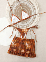 Set Baju Renang dan Rok Dua Warna dengan Detail Ikat, Bikini Thong 3 Potong, Ukuran S-L