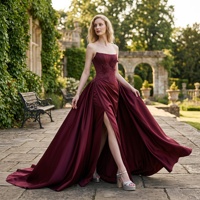 Robe de soirée élégante bordeaux sans bretelles avec corsage corset, appliques florales 3D, fente haute, en satin, pour bal de promo, pour femme 2026