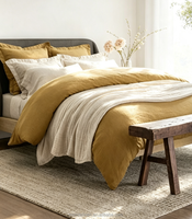 Parure de lit unie en lin français 100% stonewashed, jaune moutarde, comprenant une housse de couette et un drap en lin naturel