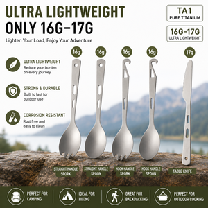 Titanium Cutlery Set Pure Titanium Spork Spoon and Knife Lightweight <b>Camping</b> Utensils with Hook Handle for Hiking Backpacking - Product Image 5