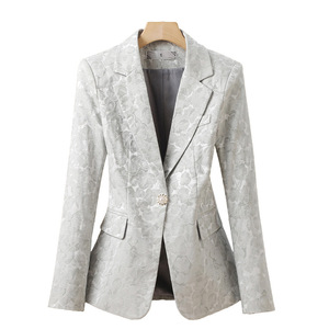 Light Blue Women's Blazer With Floral Pattern Slim Fit Long Sleeve Elegant Office Wear - Product Image 5