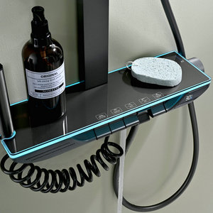 2024 nuovo stile design 5 funzioni pistola metallo colore grigio <span class=keywords><strong>doccia</strong></span> set con spettacolo di temperatura e illuminazione a LED ambiente - Product Image 1