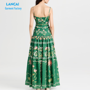 Verano personalizado de alta calidad señoras mujeres vestido de algodón Lino Retro Vintage estampado Floral cuello cuadrado correa de espagueti Maxi vestido - Product Image 3