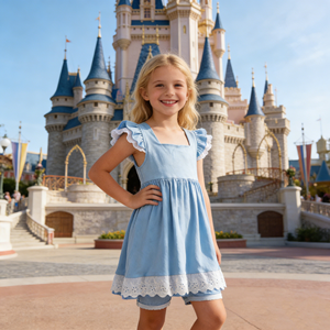 Conjunto de Vestido con Volantes de Encaje Inspirado en Princesas a Precio de Fábrica, Pantalones Cortos con Bolsillos, Color Sólido, Informal, 3 Piezas, Traje de Verano para Niñas Pequeñas - Product Image 5