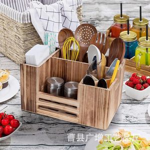 กล่องเก็บช้อนส้อมไม้แบบหลายช่อง กล่องเก็บของในครัวสไตล์เรโทร แบบตั้งโต๊ะ - Product Image 1