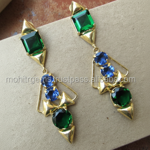 Pendientes de aro de piedras preciosas tratadas en azul y verde Mohit sin níquel con gancho largo para bodas fiestas compromisos regalos - Product Image 1