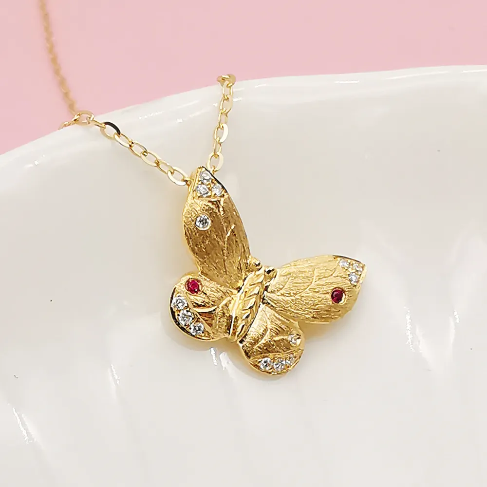 Mode Schmetterling 18k Reales Gold Halskette Rubin Reine 18K Gold Natürliche Diamant Anhänger Halskette Großhandel