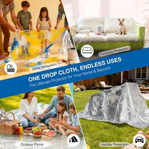 Plastic Drop Cloth 9x12 Ft 0.5MIL <b>Waterproof</b> Paint Protection For Floor Furniture And Vehicle Covering - Product Image 1