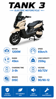 Scooter électrique étanche 1200W Tank 3, démarrage sans clé, GPS antivol, charge rapide 60V72V, cyclomoteur électrique