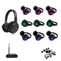 Sistema de Auriculares para Fiesta Silenciosa RF988, Auriculares Inalámbricos de Largo Alcance (500m) con LED y Clip para la Oreja, y Transmisor