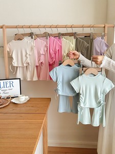 Completo Estivo per Bambine 2026, Stile Coreano, Top a Maniche Corte con Coulisse e <span class=keywords><strong>Pantaloni</strong></span> a Zampa, Tinta Unita, Set Due Pezzi Alla Moda - Product Image 1