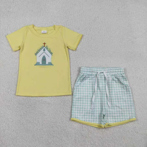 Conjunto de Ropa para Bebés y Niños Pequeños con Bordado de Cruz de Iglesia, Top Romper y Pantalones Cortos a Cuadros - Product Image 3