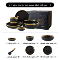 Coffret Cadeau – Vaisselle en Céramique Noire et Or – Luxueux avec Bordure Dorée – Réutilisable pour Fêtes de Famille, Réceptions et Mariages