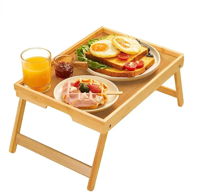 Bandeja de cama de bambu com pernas dobráveis, bandeja para café da manhã para sofá, cama, trabalhando, usado como bandeja de lanche para laptop