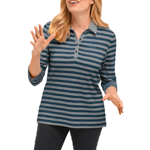 Polo rayé à manches longues pour femme, éco-responsable, en coton biologique, mode durable, vert, pour acheteurs en gros, personnalisable, prêt à l'emploi - Product Image 5