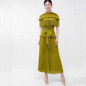 PY 2026 Summer Casual Miyake Eco-Friendly Pleated Midi Dress Fringe <b>Elastic</b> Waist Western Clothing Women Wholesale Bulk - Product Image 1