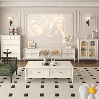 Ensemble de meuble TV et table basse en bois massif de style français avec rangement, durable, blanc crème, rétro américain, pour salon, meubles de maison
