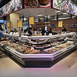 <span class=keywords><strong>Vitrine</strong></span> réfrigérée commerciale en <span class=keywords><strong>libre</strong></span>-<span class=keywords><strong>service</strong></span> en forme de L étagère réglable de refroidissement direct et par ventilateur pour les magasins de boulangerie et de barbecue - Product Image 1