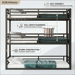 Cama Triple Moderna de Metal, Dos Camas Individuales Superpuestas con Barandillas y Escalera para Niños, Adultos, Escuelas y Hoteles - Product Image 1