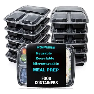 生态友好的3隔间膳食准备容器24盎司BPA免费塑料食品储存托盘，带密封盖微波
