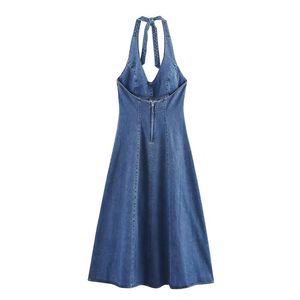 Robe midi en jean respirant pour femme, col halter, avec lien réglable à nouer dans le dos, coupe ample, style décontracté d'été et volants - Product Image 3
