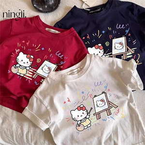 <span class=keywords><strong>T</strong></span>-<span class=keywords><strong>shirt</strong></span> à manches courtes imprimé KT Cat pour filles, col rond, é<span class=keywords><strong>t</strong></span>é, 100% coton, respirant, vêtements pour bébé fille, vêtements pour enfants - Product Image 3