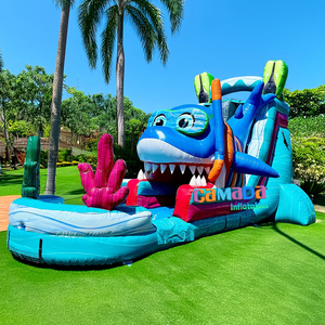 Toboggan aquatique gonflable à une voie avec <span class=keywords><strong>piscine</strong></span>, design requin 3D, aire de jeux aquatique extérieure pour enfants, pour le défi estival - Product Image 1