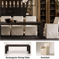 Ensemble de salle à manger extensible en chêne fumé de designer avec plateau en parquet massif et chaises en lin pour les propriétés et les intérieurs résidentiels