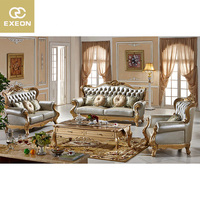 Canapé de luxe européen de style antique, design personnalisé par le fabricant, en cuir véritable doré, ensemble de canapés classiques pour villa