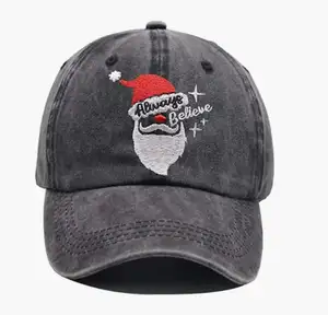 Funny Merry Christmas Santa Claus Hats Always Believe Embroidery Washed Baseball Hat