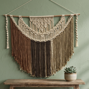 Décoration murale en macramé de style chic, en coton fait main, avec des pompons géométriques, forme irrégulière, design abstrait - Product Image 1