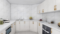 Armoires de cuisine modulaires modernes Prima avec portes en métal aluminium couleur gris, comptoirs en marbre/feuille de placage, robinet inclus
