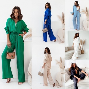 Ensemble décontracté 2 pièces pour femmes, chemise ample à manches longues et <span class=keywords><strong>pantalon</strong></span> large, nouvelle collection mode Europe et Amérique 2025 - Product Image 2