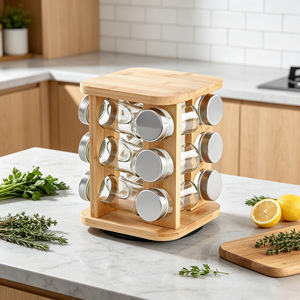 Bamboo Spice Rack 3 Tier Rotating Glass <b>Jars</b> With Metal Lids <b>For</b> <b>Kitchen</b> <b>Storage</b> - Product Image 3