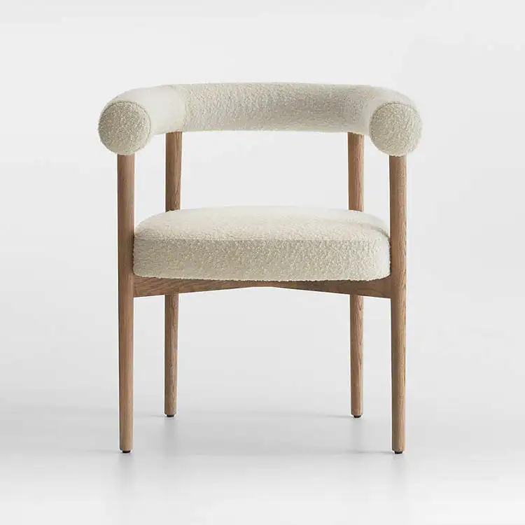 Chaise de salle à manger en bois nordique moderne, tissu en peluche blanc, pieds en bois, café, dossier incurvé, chaises de salle à manger