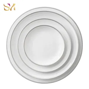 Conjunto de prato de salada de porcelana redondo personalizado com borda preta, tigela de cerâmica para jantar, logotipo de restaurante para casamentos, feito na China, branco