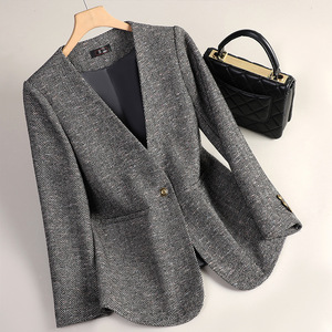 Women's Grey <b>Herringbone</b> Wool Blazer <b>Jacket</b> Autumn Winter Casual Thickened Anti Shrink Pocket Design - Product Image 1