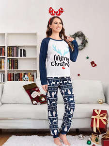 Pyjama de Noël personnalisé bleu marine pour la famille, imprimé cerf, en coton, pyjama de Noël pour enfants, ensembles de pyjamas de Noël en bambou pour la famille, pyjama de Noël pour femmes - Product Image 2