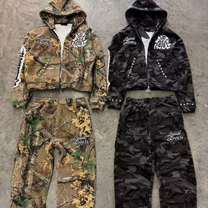 Nặng Trọng Lượng Nguyên Liệu Hem Cắt Baggy Xếp Chồng Lên Nhau Quá Khổ Camo In Đầy Đủ Zip Lên Thời Trang Đường Phố Nhà Sản Xuất Cắt Quần Bó Sát Và Áo Bộ - Product Image 3