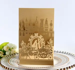 Europeo di nozze laser scava fuori quattro volte d'oro biglietto di auguri di trasporto dell'invito di cerimonia nuziale Castello di carta di invito