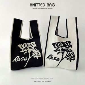 Korean Designers Black <b>White</b> Rose Knitted Handbag <b>Small</b> Handmade Vest <b>Bag</b> Crochet Tote <b>Bag</b> for Women - Product Image 3