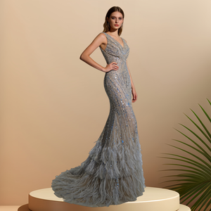 Vestido de Noche de Alta Costura con Plumas Blancas y Cuentas, Estilo Sirena, para Banquetes y Actuaciones, Talla Grande - Product Image 1