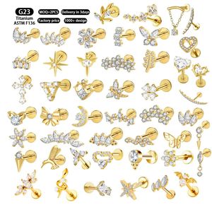 Pendientes de Titanio Chapados en Oro con Zirconia, Diseño de Hoja Grande, Rosca Interna, Parte Trasera Plana, Cómodos para Hélice y Cartílago - Product Image 1