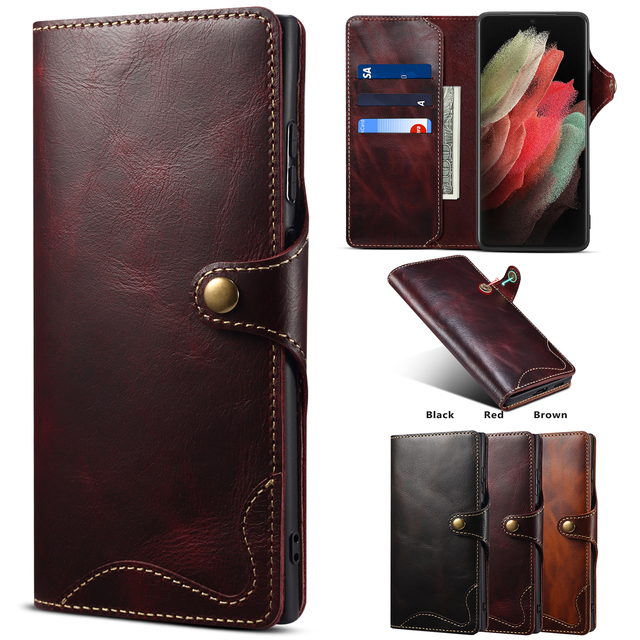 Denior Genuine Leather Shockproof Flip Wallet Holder Phone Case for S26/S25/S24/S23/S22/S21/S20 Series (4 Card Slots)