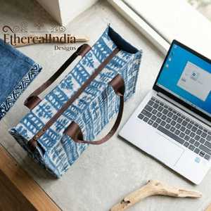 <b>Blue</b> Indigo <b>Rug</b> Tote Bag Block Print Cotton Tote Leather Handle Boho Shoulder Bag <b>Large</b> Everyday Tote - Product Image 5