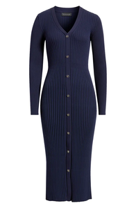 Vestito midi in <span class=keywords><strong>maglia</strong></span> a costine <span class=keywords><strong>blu</strong></span> navy con scollo a V e bottoni, da donna, a maniche lunghe, aderente, modello maglione - Vendita calda - Product Image 2